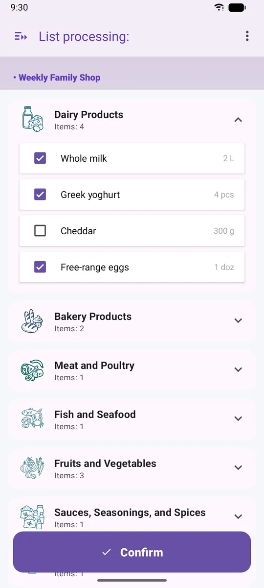 Dairy aisle open in a shopping list, with milk, yoghurt and eggs ticked off