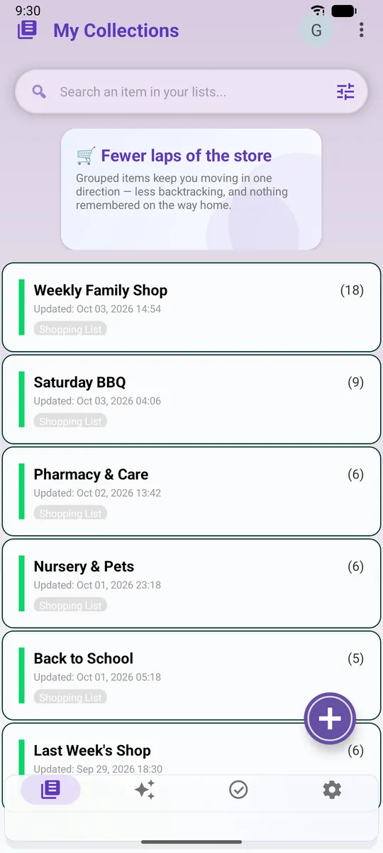 Home screen showing the tip “Fewer laps of the store”